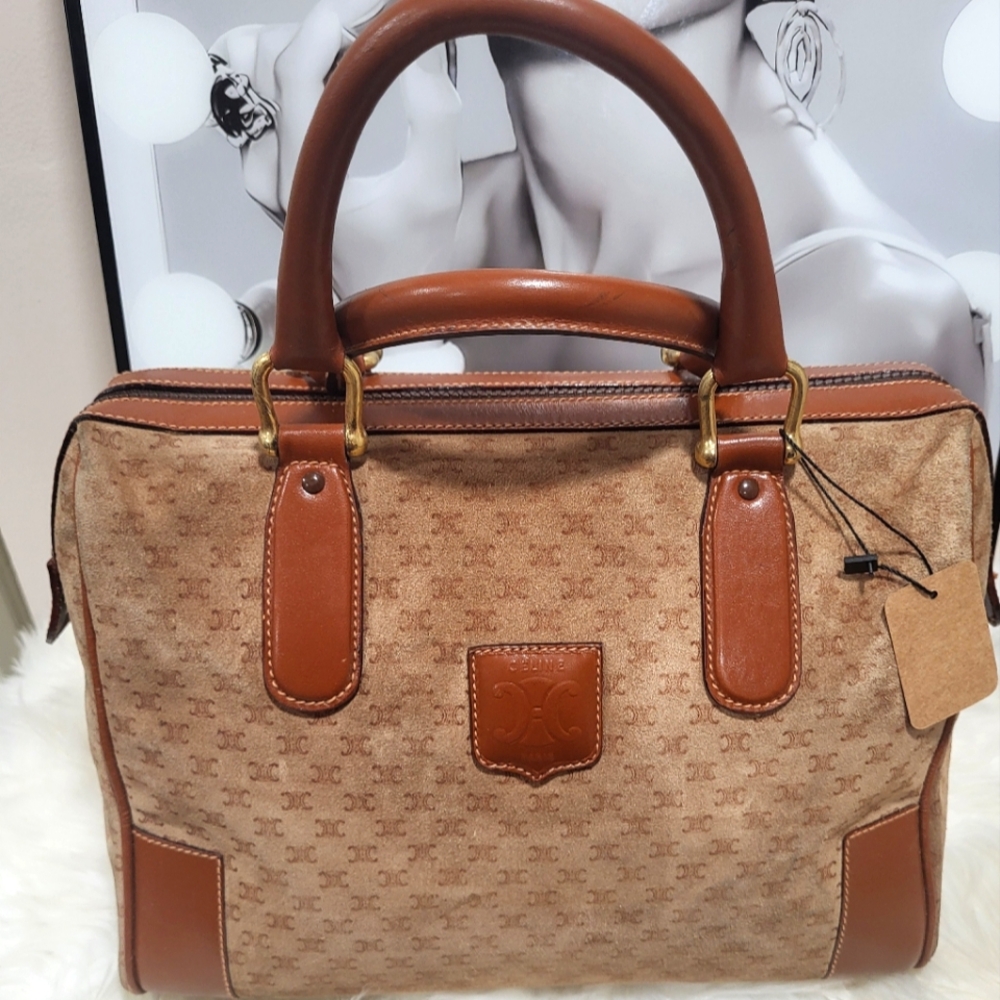 CELINE Suede & Leather Boston Bag - Suede with mini Celine logo exterior